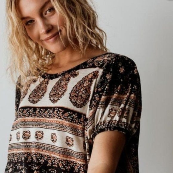 Free People Boho Paisley Puff Sleeve Top - Picture 2 of 8